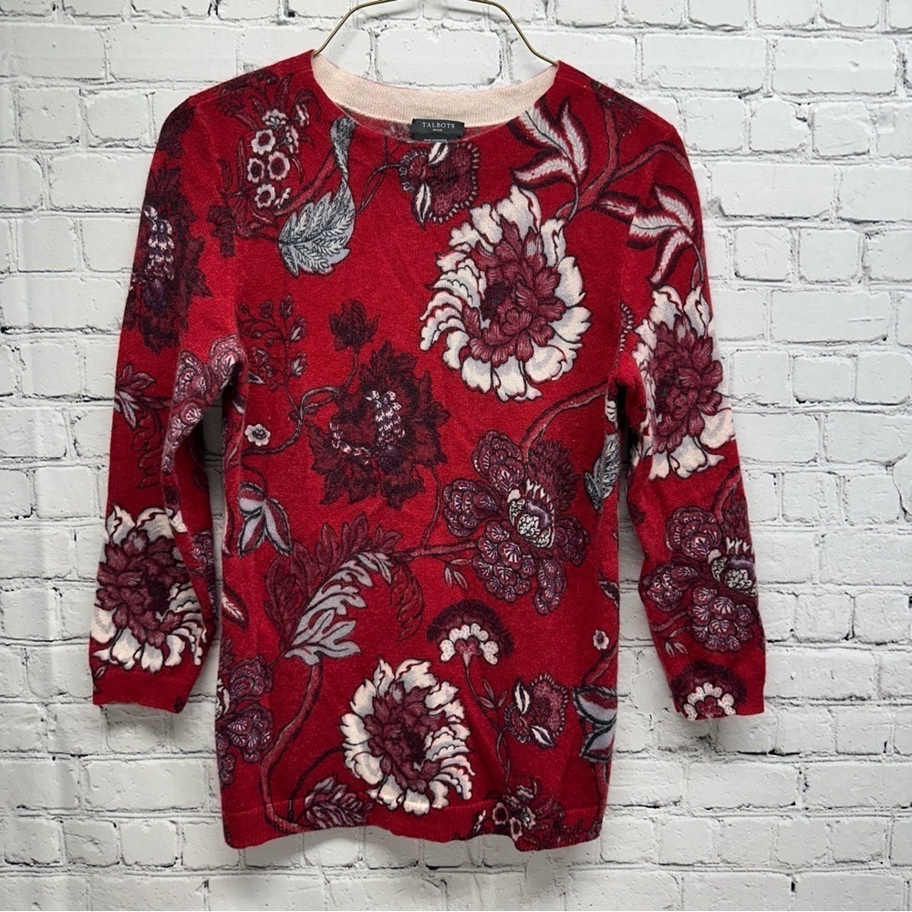 Talbots Red Floral Crew Neck Sweater pure cashmere sz SP
